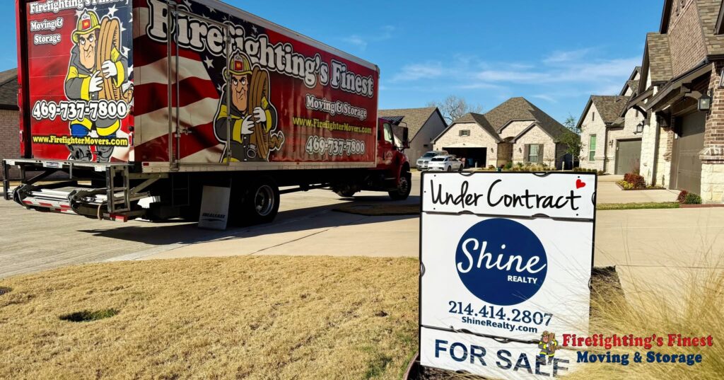 Firefighting's Finest moving truck parked at a Dallas home under contract, preparing to provide long-distance relocation services for movers from Dallas to Seattle.