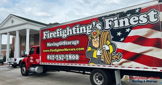 Firefighting's Finest Moving & Storage truck parked outside a building, ready to provide professional moving services in Mesquite, TX.