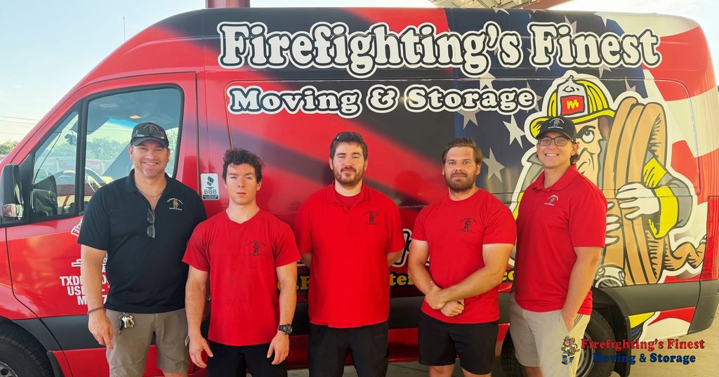 Firefighting's Finest movers in Lewisville, TX standing in front of their moving van