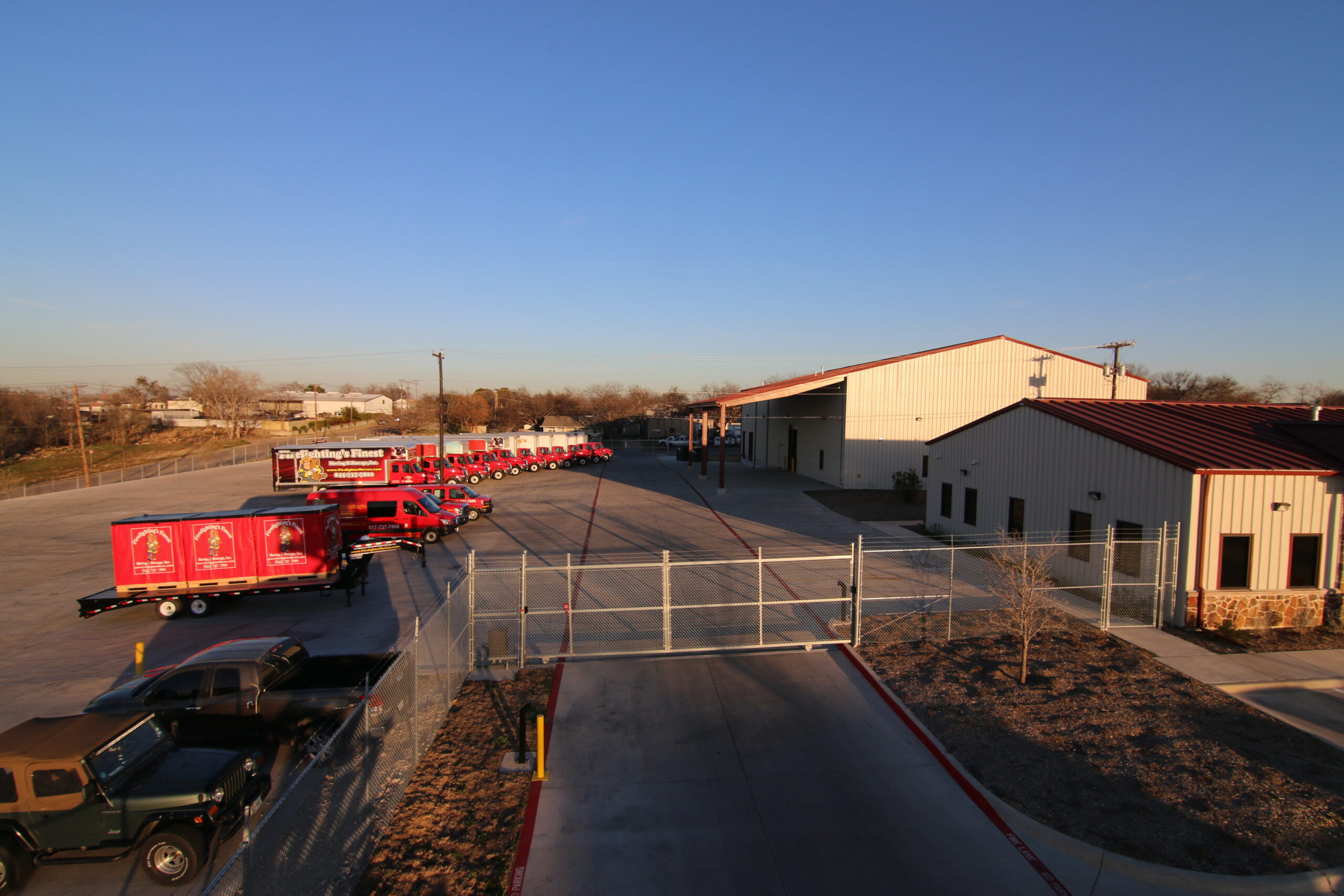 Aerial view of Firefighting's Finest Moving & Storage warehouse in Fort Worth, TX