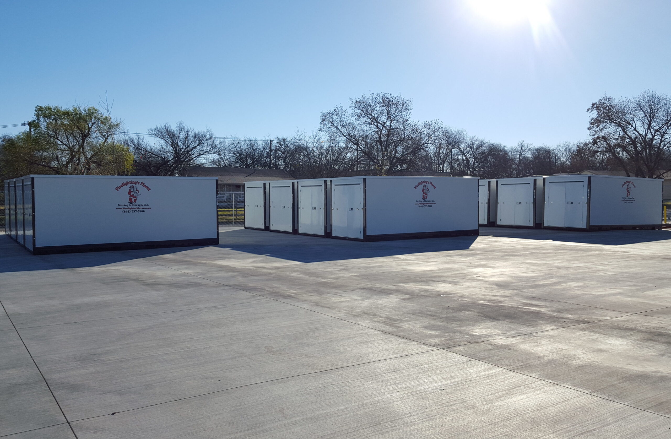 In Houston, TX, three white storage containers associated with firefighting findings and storage