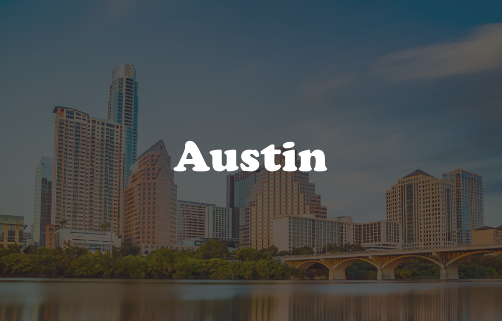 Austin, Texas cityscape with 'Austin' text overlay