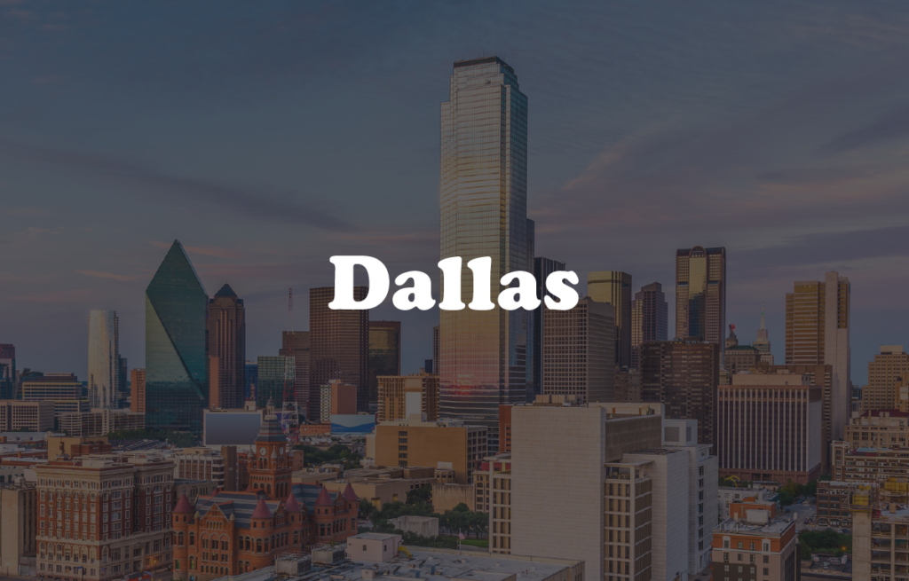 Dallas, Texas cityscape with 'Dallas' text overlay