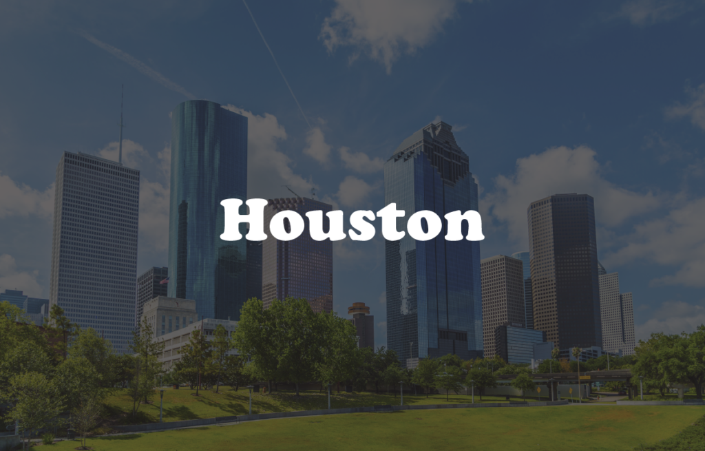 Houston, Texas cityscape with 'Houston' text overlay